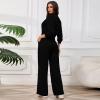 imagePINSV Womens 2 Piece Outfits Lapel Half Zip Sweatshirts Wide Leg Sweatpant Set Sweatsuit TracksuitBlack