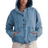 imagePINSV Womens Denim Hoodie Jacket Lightweight Button Up Jean Pullover with Drawstring Hood Casual Long Sleeve SweatshirtBlue