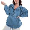 imagePINSV Womens Denim Hoodie Jacket Lightweight Button Up Jean Pullover with Drawstring Hood Casual Long Sleeve SweatshirtBlue