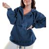 imagePINSV Womens Denim Hoodie Jacket Lightweight Button Up Jean Pullover with Drawstring Hood Casual Long Sleeve SweatshirtDark Blue