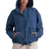 imagePINSV Womens Denim Hoodie Jacket Lightweight Button Up Jean Pullover with Drawstring Hood Casual Long Sleeve SweatshirtDark Blue