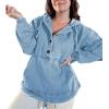 imagePINSV Womens Denim Hoodie Jacket Lightweight Button Up Jean Pullover with Drawstring Hood Casual Long Sleeve SweatshirtLight Blue