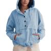 imagePINSV Womens Denim Hoodie Jacket Lightweight Button Up Jean Pullover with Drawstring Hood Casual Long Sleeve SweatshirtLight Blue