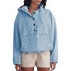imagePINSV Womens Denim Hoodie Jacket Lightweight Button Up Jean Pullover with Drawstring Hood Casual Long Sleeve SweatshirtLight Blue