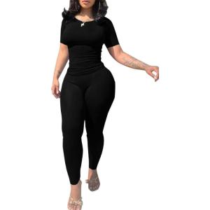 imageLounge Wear 2 Piece Outfits for Women Fitted Crew Neck Tshirt High Waist Legging pants Matching Sets Workout StreetwearBlack C