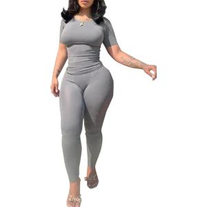 imageLounge Wear 2 Piece Outfits for Women Fitted Crew Neck Tshirt High Waist Legging pants Matching Sets Workout StreetwearGrey B