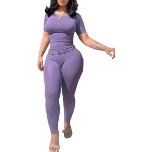 imageLounge Wear 2 Piece Outfits for Women Fitted Crew Neck Tshirt High Waist Legging pants Matching Sets Workout StreetwearPurple