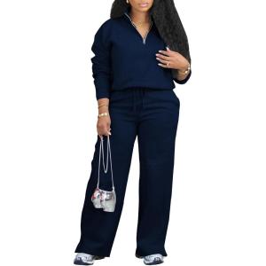 imagePINSV Womens 2 Piece Outfits Lapel Half Zip Sweatshirts Wide Leg Sweatpant Set Sweatsuit TracksuitNavy Blue
