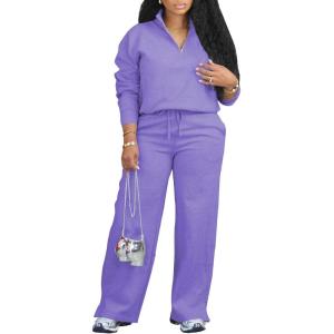 imagePINSV Womens 2 Piece Outfits Lapel Half Zip Sweatshirts Wide Leg Sweatpant Set Sweatsuit TracksuitPale Purple
