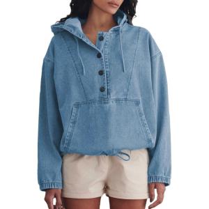 imagePINSV Womens Denim Hoodie Jacket Lightweight Button Up Jean Pullover with Drawstring Hood Casual Long Sleeve SweatshirtBlue