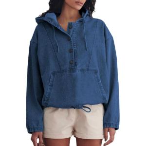 imagePINSV Womens Denim Hoodie Jacket Lightweight Button Up Jean Pullover with Drawstring Hood Casual Long Sleeve SweatshirtDark Blue