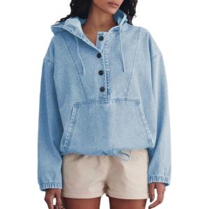 imagePINSV Womens Denim Hoodie Jacket Lightweight Button Up Jean Pullover with Drawstring Hood Casual Long Sleeve SweatshirtLight Blue