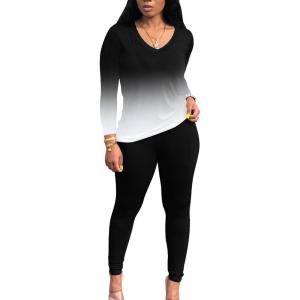 imagePINSV Womens Tracksuits 2 Piece Outfits Sweatsuit Long Sleeve Top Jogger Legging Pants SetsBlack Gradient