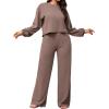 imagePINSV Womens 2 Piece Outfits Sweatsuit Crewneck Long Sleeve Tops Wide Leg Pants Lounge Set TracksuitBrown