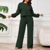 imagePINSV Womens 2 Piece Outfits Sweatsuit Crewneck Long Sleeve Tops Wide Leg Pants Lounge Set TracksuitGreen