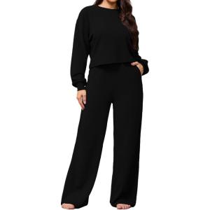 imagePINSV Womens 2 Piece Outfits Sweatsuit Crewneck Long Sleeve Tops Wide Leg Pants Lounge Set TracksuitBlack
