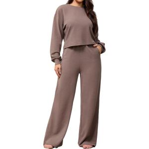 imagePINSV Womens 2 Piece Outfits Sweatsuit Crewneck Long Sleeve Tops Wide Leg Pants Lounge Set TracksuitBrown
