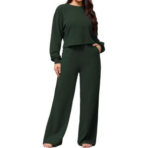 imagePINSV Womens 2 Piece Outfits Sweatsuit Crewneck Long Sleeve Tops Wide Leg Pants Lounge Set TracksuitGreen