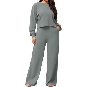 imagePINSV Womens 2 Piece Outfits Sweatsuit Crewneck Long Sleeve Tops Wide Leg Pants Lounge Set TracksuitGrey