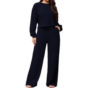 imagePINSV Womens 2 Piece Outfits Sweatsuit Crewneck Long Sleeve Tops Wide Leg Pants Lounge Set TracksuitNavy Blue