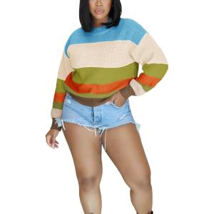 imagePINSV Womens Color Block Knit Sweaters Casual Crewneck Long Sleeve Loose Fit Pullover Sweater TopsBlue Green