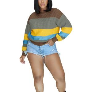 imagePINSV Womens Color Block Knit Sweaters Casual Crewneck Long Sleeve Loose Fit Pullover Sweater TopsBrown Grey
