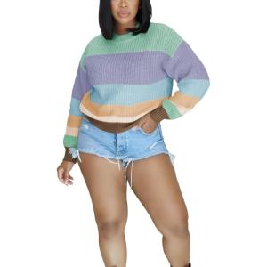 imagePINSV Womens Color Block Knit Sweaters Casual Crewneck Long Sleeve Loose Fit Pullover Sweater TopsGreen Purple