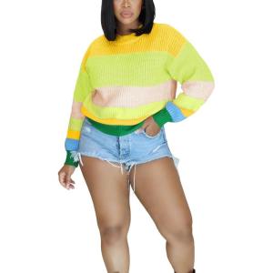 imagePINSV Womens Color Block Knit Sweaters Casual Crewneck Long Sleeve Loose Fit Pullover Sweater TopsYellow Green