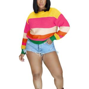 imagePINSV Womens Color Block Knit Sweaters Casual Crewneck Long Sleeve Loose Fit Pullover Sweater TopsYellow Pink