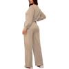 imagePINSV Womens 2 Piece Outfits Sweatsuit Set Long Sleeve Crop Top Drawstring Wide Leg Pants with Pockets TracksuitsKhaki