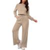 imagePINSV Womens 2 Piece Outfits Sweatsuit Set Long Sleeve Crop Top Drawstring Wide Leg Pants with Pockets TracksuitsKhaki