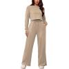 imagePINSV Womens 2 Piece Outfits Sweatsuit Set Long Sleeve Crop Top Drawstring Wide Leg Pants with Pockets TracksuitsKhaki