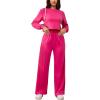 imagePINSV Womens 2 Piece Outfits Sweatsuit Set Long Sleeve Crop Top Drawstring Wide Leg Pants with Pockets TracksuitsRose Red