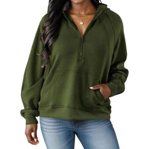 imagePINSV Women Quarter Zip Hoodie Sweatshirt Basic Long Sleeve Pullover Loose Fit Half Zipper SweatshirtsArmy Green