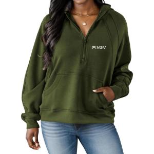 imagePINSV Women Quarter Zip Hoodie Sweatshirt Basic Long Sleeve Pullover Loose Fit Half Zipper SweatshirtsArmy Green Color