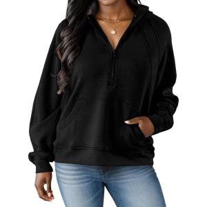 imagePINSV Women Quarter Zip Hoodie Sweatshirt Basic Long Sleeve Pullover Loose Fit Half Zipper SweatshirtsBlack