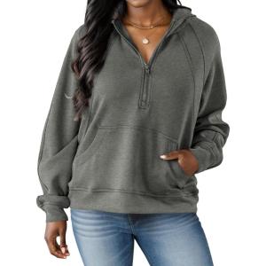 imagePINSV Women Quarter Zip Hoodie Sweatshirt Basic Long Sleeve Pullover Loose Fit Half Zipper SweatshirtsDark Grey
