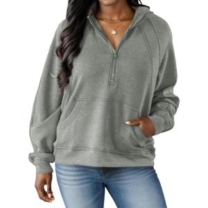 imagePINSV Women Quarter Zip Hoodie Sweatshirt Basic Long Sleeve Pullover Loose Fit Half Zipper SweatshirtsLight Gray