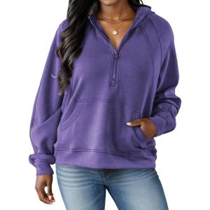 imagePINSV Women Quarter Zip Hoodie Sweatshirt Basic Long Sleeve Pullover Loose Fit Half Zipper SweatshirtsLight Purple
