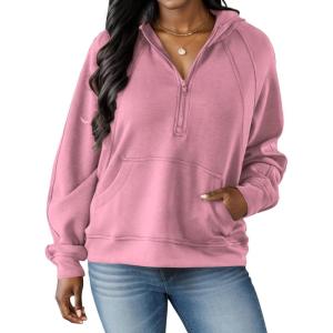 imagePINSV Women Quarter Zip Hoodie Sweatshirt Basic Long Sleeve Pullover Loose Fit Half Zipper SweatshirtsPink