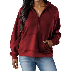 imagePINSV Women Quarter Zip Hoodie Sweatshirt Basic Long Sleeve Pullover Loose Fit Half Zipper SweatshirtsWine Red