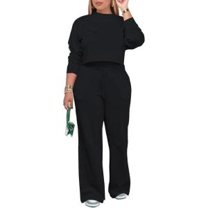imagePINSV Womens 2 Piece Outfits Sweatsuit Set Long Sleeve Crop Top Drawstring Wide Leg Pants with Pockets TracksuitsBlack
