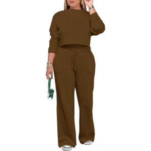 imagePINSV Womens 2 Piece Outfits Sweatsuit Set Long Sleeve Crop Top Drawstring Wide Leg Pants with Pockets TracksuitsBrown