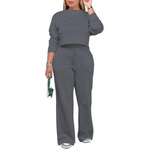 imagePINSV Womens 2 Piece Outfits Sweatsuit Set Long Sleeve Crop Top Drawstring Wide Leg Pants with Pockets TracksuitsGrey