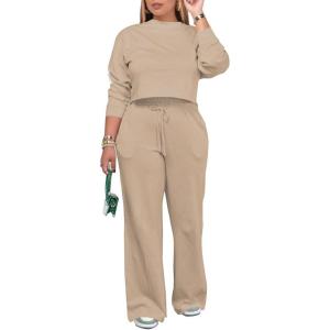 imagePINSV Womens 2 Piece Outfits Sweatsuit Set Long Sleeve Crop Top Drawstring Wide Leg Pants with Pockets TracksuitsKhaki