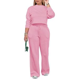 imagePINSV Womens 2 Piece Outfits Sweatsuit Set Long Sleeve Crop Top Drawstring Wide Leg Pants with Pockets TracksuitsPink
