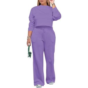 imagePINSV Womens 2 Piece Outfits Sweatsuit Set Long Sleeve Crop Top Drawstring Wide Leg Pants with Pockets TracksuitsPurple