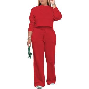 imagePINSV Womens 2 Piece Outfits Sweatsuit Set Long Sleeve Crop Top Drawstring Wide Leg Pants with Pockets TracksuitsRed