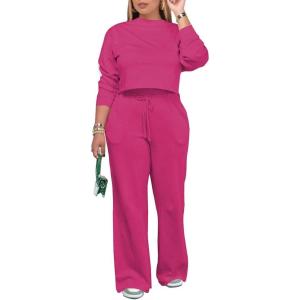 imagePINSV Womens 2 Piece Outfits Sweatsuit Set Long Sleeve Crop Top Drawstring Wide Leg Pants with Pockets TracksuitsRose Red