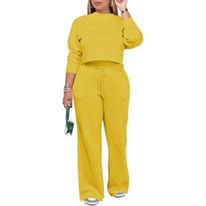 imagePINSV Womens 2 Piece Outfits Sweatsuit Set Long Sleeve Crop Top Drawstring Wide Leg Pants with Pockets TracksuitsYellow